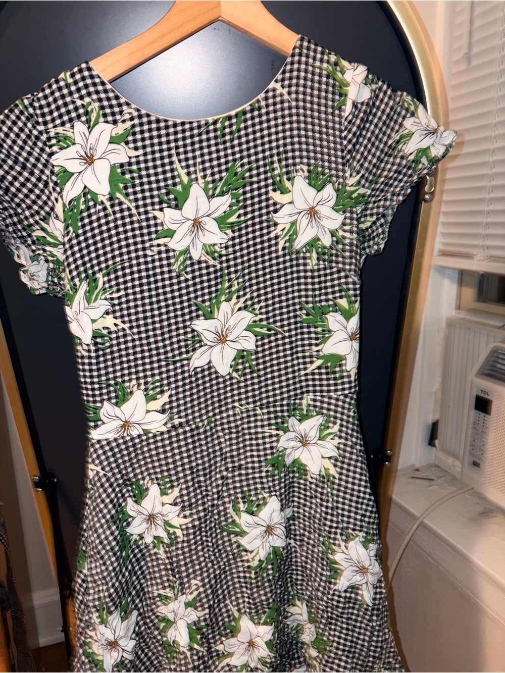 Lulu's Black and White Gingham Mini Dress with Green Floral Accents